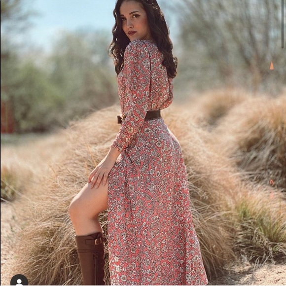 Zara FLORAL PRINTED DRAPED MIDI Flowy DRESS Long Sleeve Puff Shoulders Sz XS NEW - Picture 4 of 16